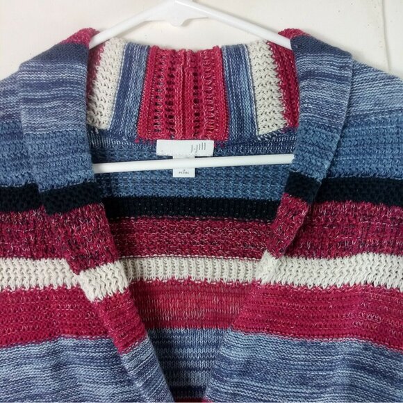 J Jill Cardigan Small Petite Stripe Cotton Linen Modal Pockets Shawl Collar - Picture 2 of 8